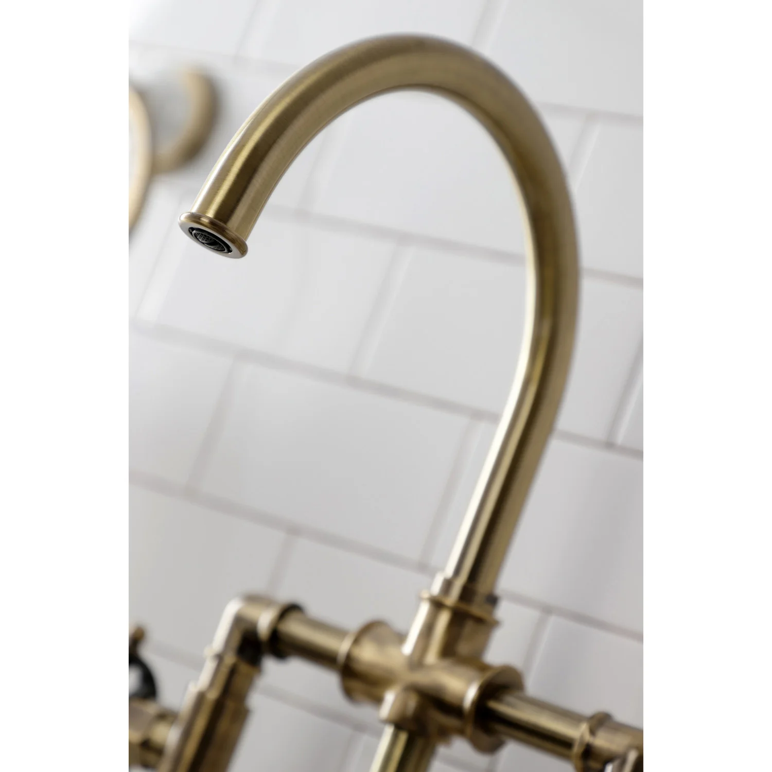 Kingston Sona KS2333RX - Belknap Two-Handle 4-Hole Deck Mount Industrial Style Bridge Kitchen Faucet with Brass Sprayer, Antique Brass - Image 4