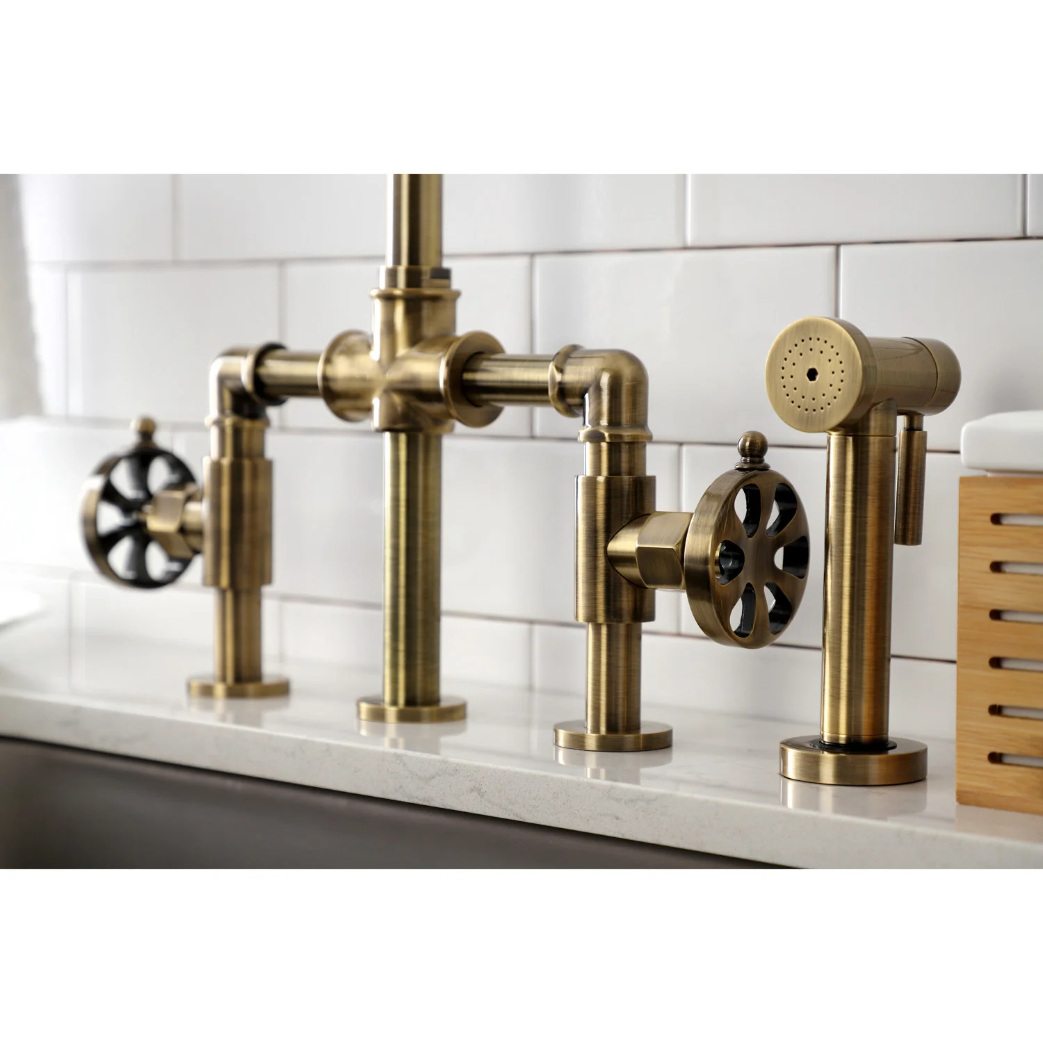 Kingston Sona KS2333RX - Belknap Two-Handle 4-Hole Deck Mount Industrial Style Bridge Kitchen Faucet with Brass Sprayer, Antique Brass - Image 5