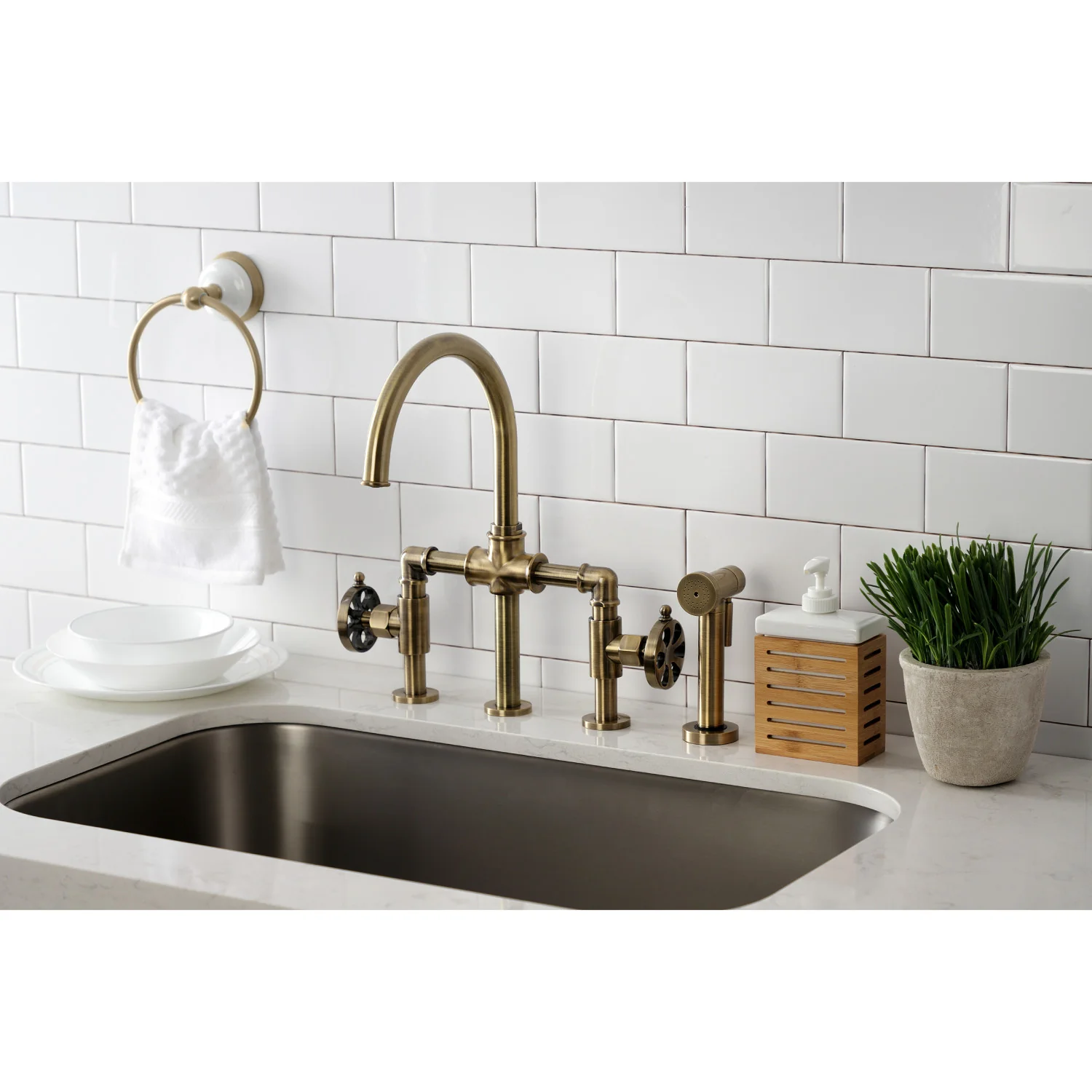 Kingston Sona KS2333RX - Belknap Two-Handle 4-Hole Deck Mount Industrial Style Bridge Kitchen Faucet with Brass Sprayer, Antique Brass - Image 6