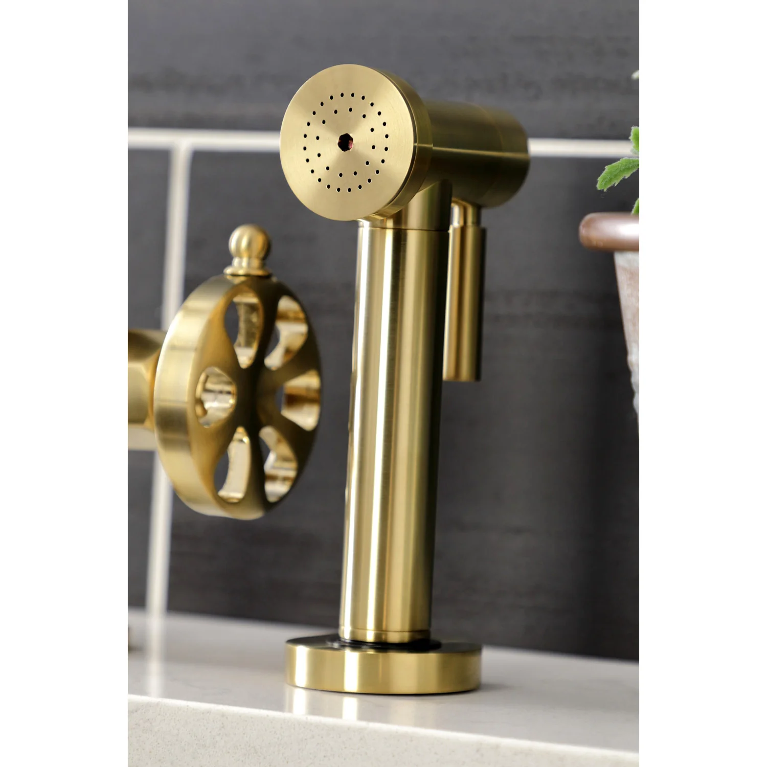 Kingston Sona KS2337RX - Belknap Two-Handle 4-Hole Deck Mount Industrial Style Bridge Kitchen Faucet with Brass Sprayer, Brushed Brass - Image 3
