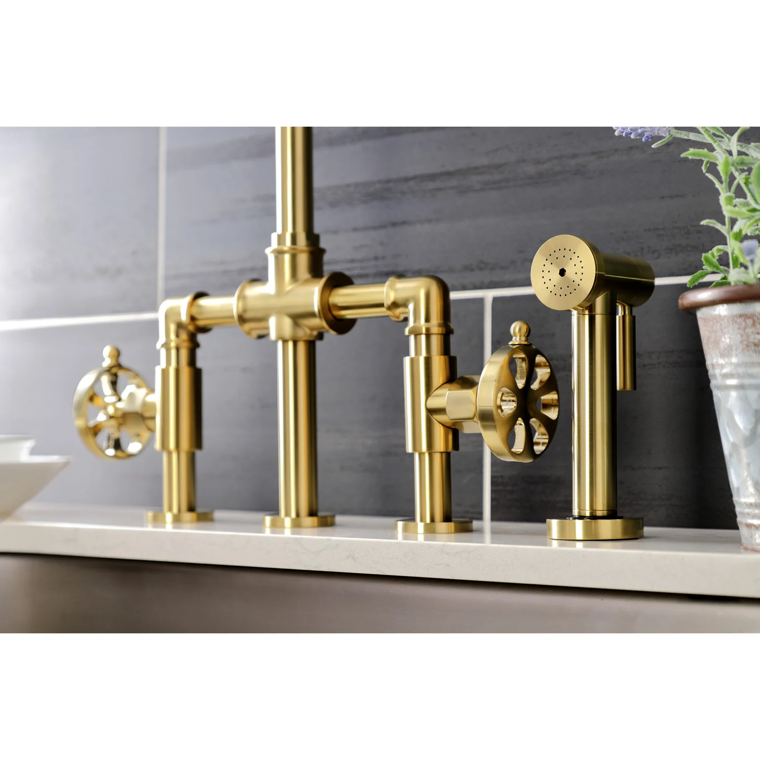 Kingston Sona KS2337RX - Belknap Two-Handle 4-Hole Deck Mount Industrial Style Bridge Kitchen Faucet with Brass Sprayer, Brushed Brass - Image 4