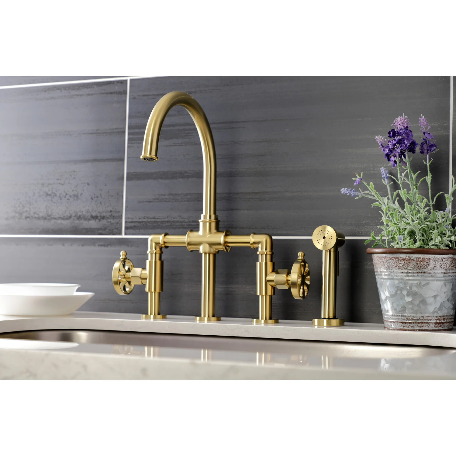 Kingston Sona KS2337RX - Belknap Two-Handle 4-Hole Deck Mount Industrial Style Bridge Kitchen Faucet with Brass Sprayer, Brushed Brass - Image 5
