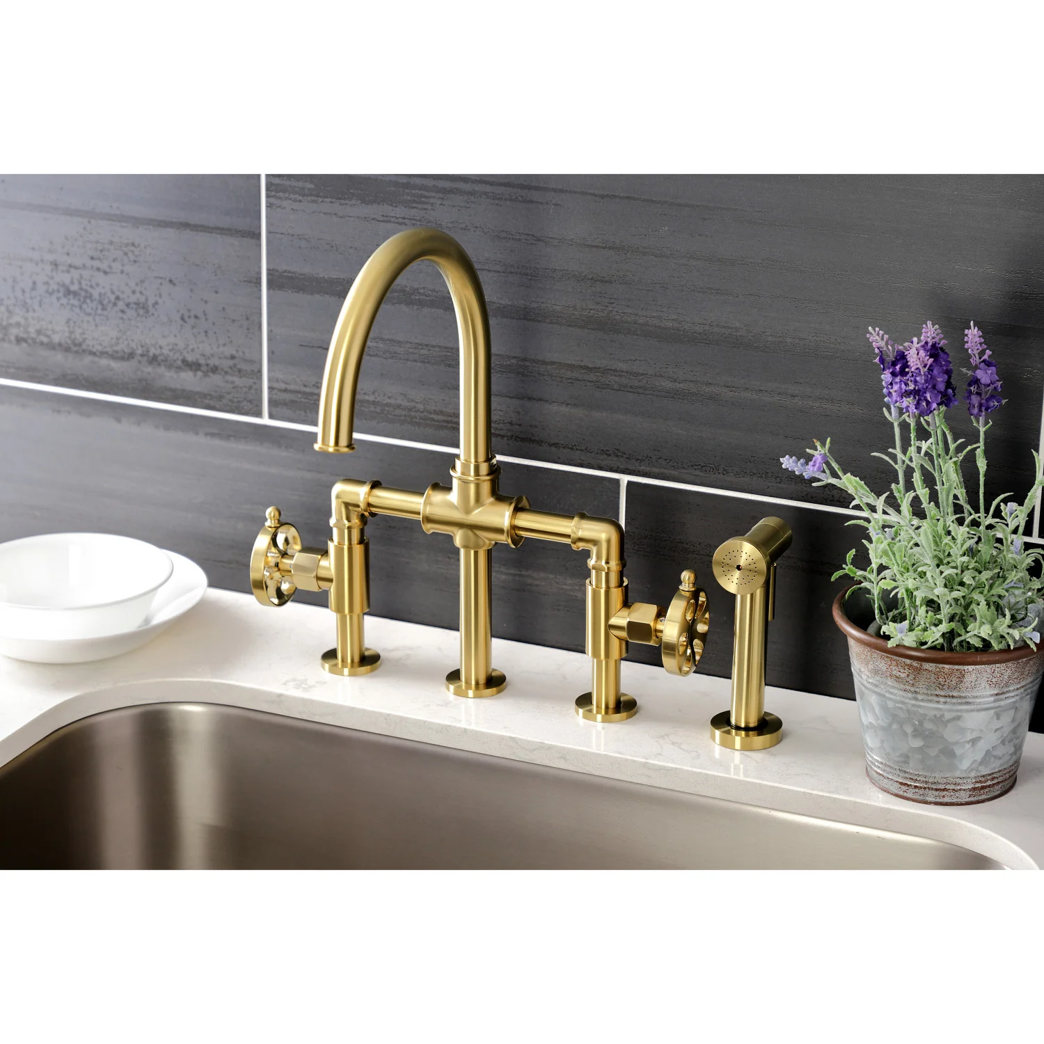 Kingston Sona KS2337RX - Belknap Two-Handle 4-Hole Deck Mount Industrial Style Bridge Kitchen Faucet with Brass Sprayer, Brushed Brass - Image 6