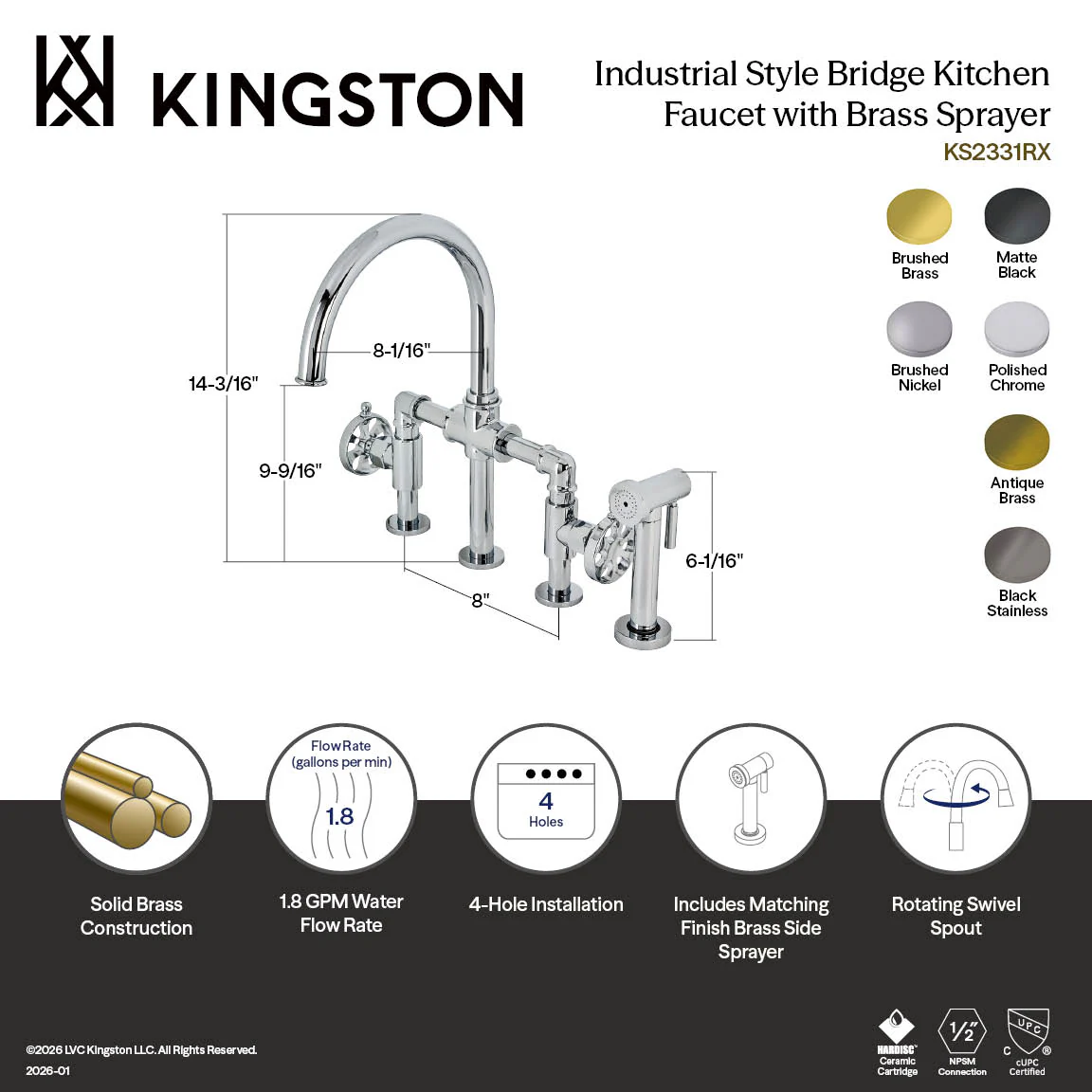 Kingston Sona KS2337RX - Belknap Two-Handle 4-Hole Deck Mount Industrial Style Bridge Kitchen Faucet with Brass Sprayer, Brushed Brass - Image 7