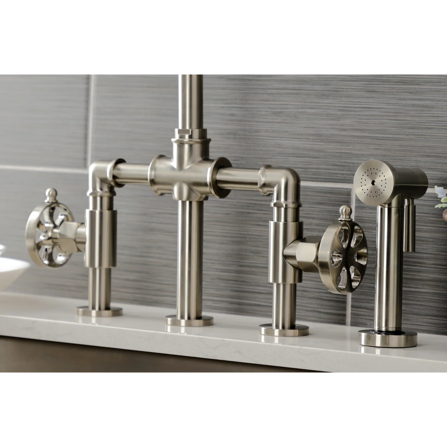 Kingston Sona KS2338RX - Belknap Two-Handle 4-Hole Deck Mount Industrial Style Bridge Kitchen Faucet with Brass Sprayer, Brushed Nickel - Image 4