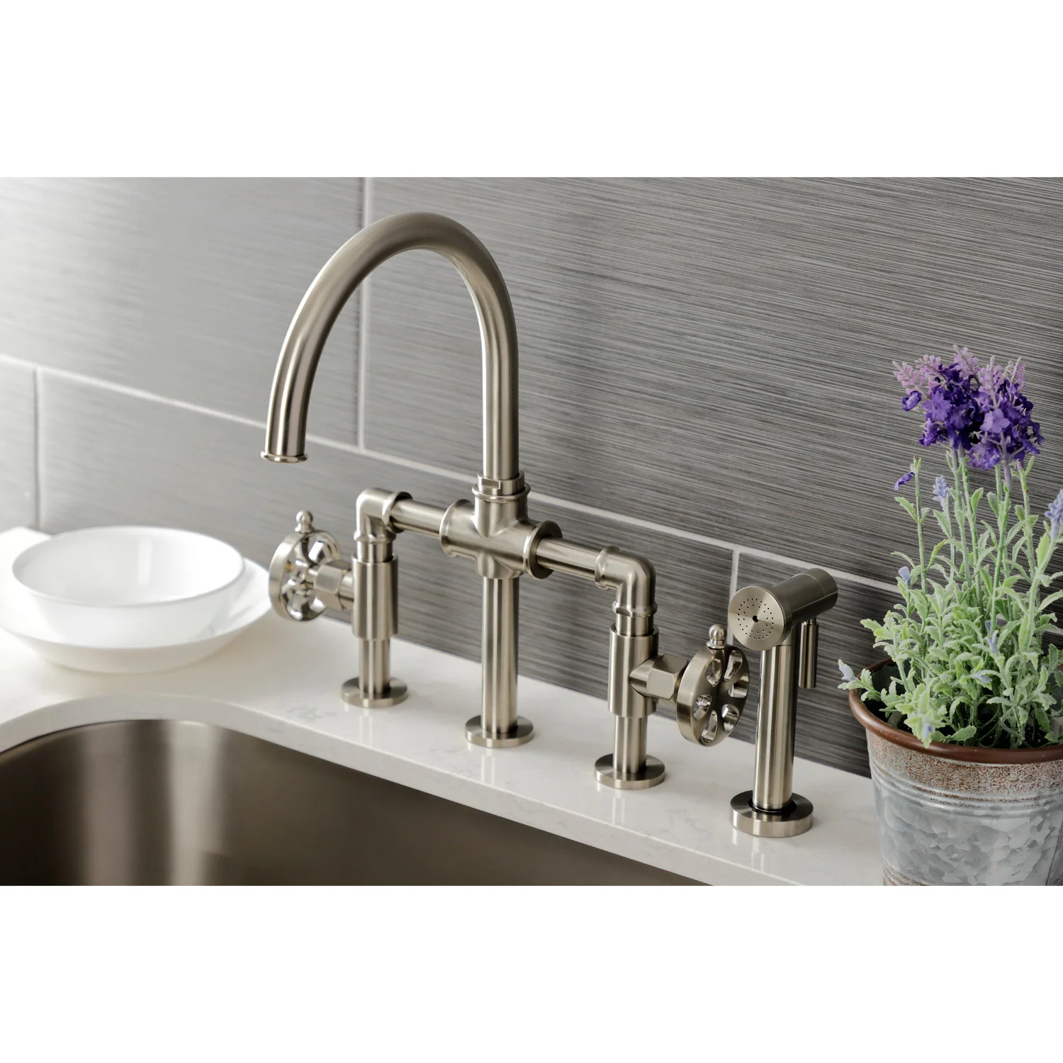 Kingston Sona KS2338RX - Belknap Two-Handle 4-Hole Deck Mount Industrial Style Bridge Kitchen Faucet with Brass Sprayer, Brushed Nickel - Image 5