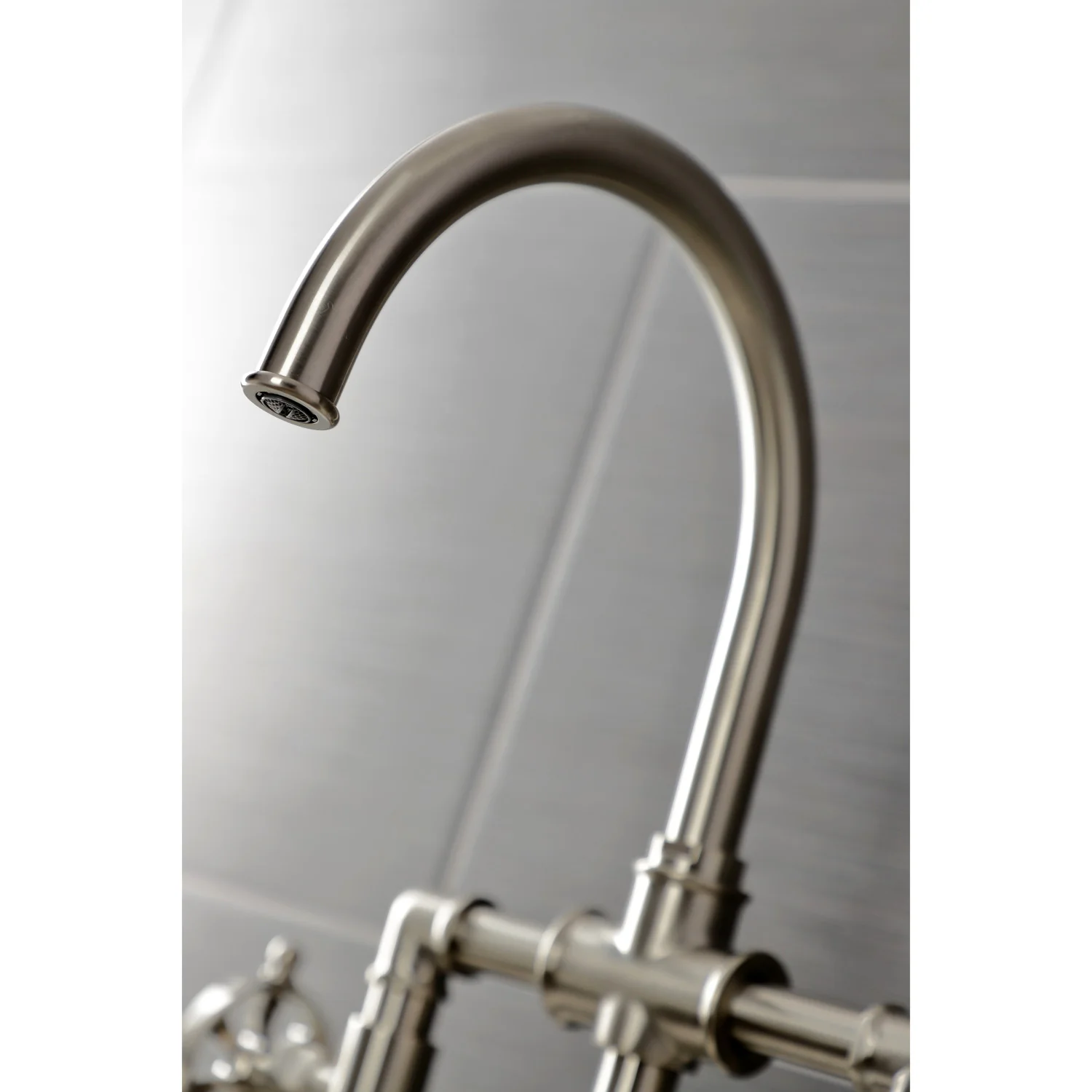 Kingston Sona KS2338RX - Belknap Two-Handle 4-Hole Deck Mount Industrial Style Bridge Kitchen Faucet with Brass Sprayer, Brushed Nickel - Image 6
