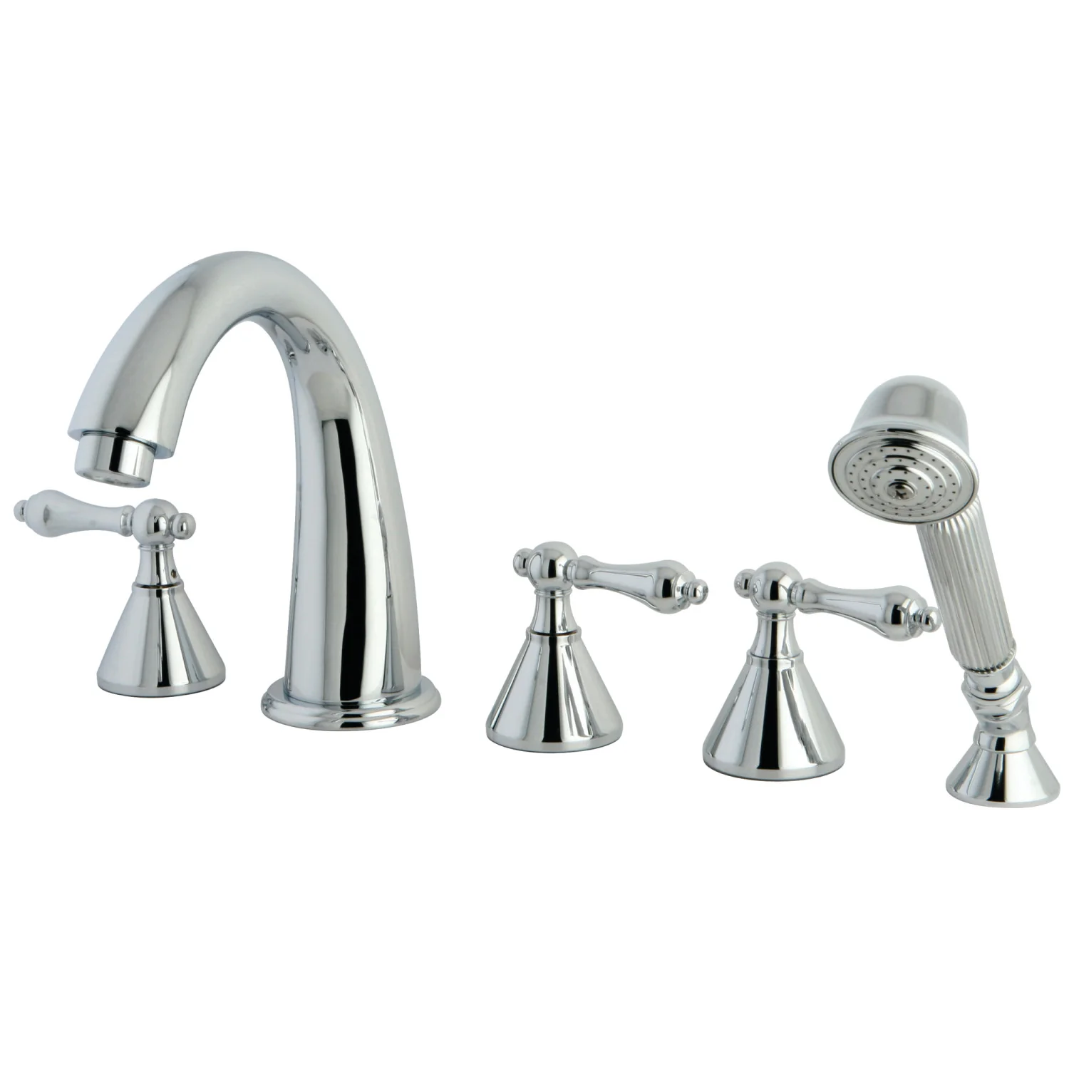 Kingston Tulare KS23615AL - Roman Three-Handle 5-Hole Deck Mount Roman Tub Faucet with Hand Shower, Polished Chrome