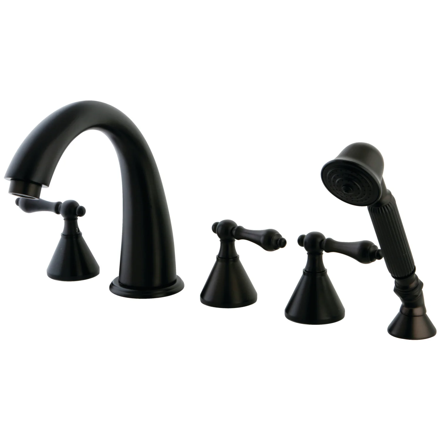 Kingston Tulare KS23655AL - Roman Three-Handle 5-Hole Deck Mount Roman Tub Faucet with Hand Shower, Oil Rubbed Bronze