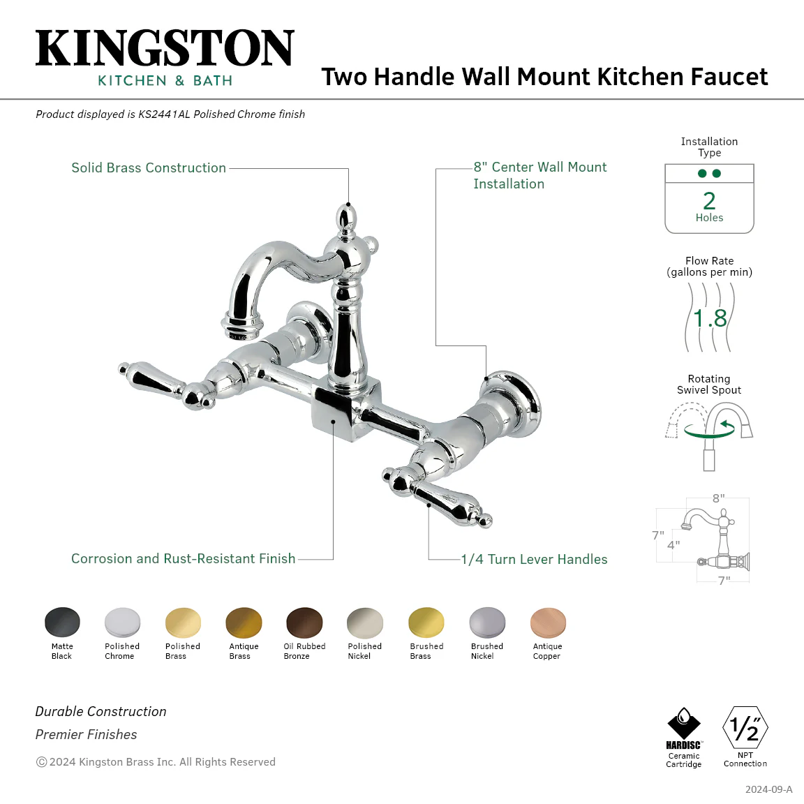 Kingston Heirloom KS2440AL - Heritage Two-Handle 2-Hole Wall Mount Bridge Kitchen Faucet, Matte Black - Image 2
