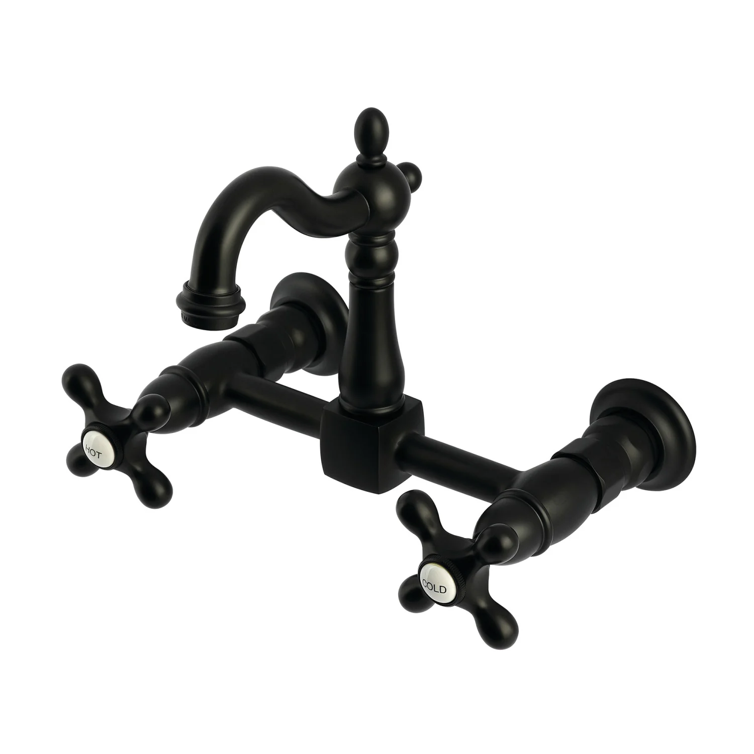 Kingston Heirloom KS2440AX - Heritage Two-Handle 2-Hole Wall Mount Bridge Kitchen Faucet, Matte Black