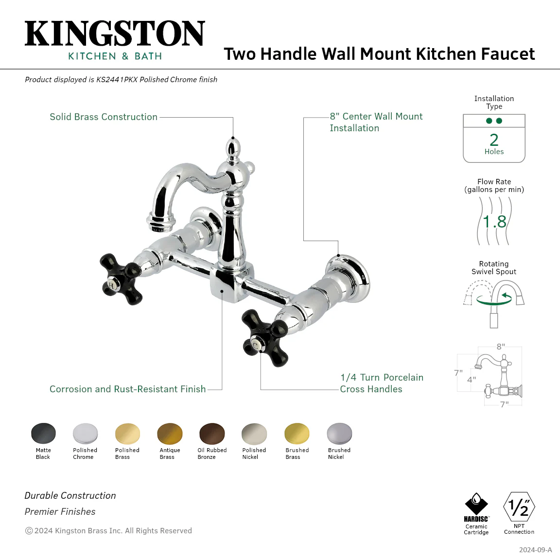 Kingston Heirloom KS2440PKX - Duchess Two-Handle 2-Hole Wall Mount Bridge Kitchen Faucet, Matte Black - Image 2