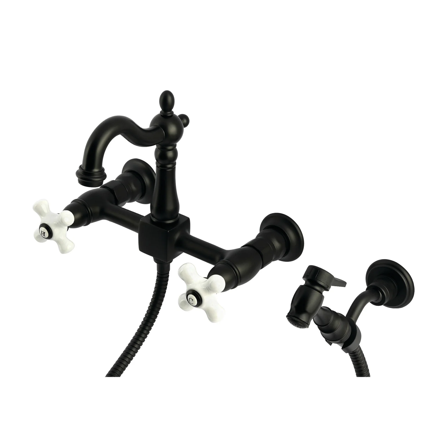 Kingston Heirloom KS2440PXBS - Heritage Two-Handle 3-Hole Wall Mount Bridge Kitchen Faucet with Brass Sprayer, Matte Black