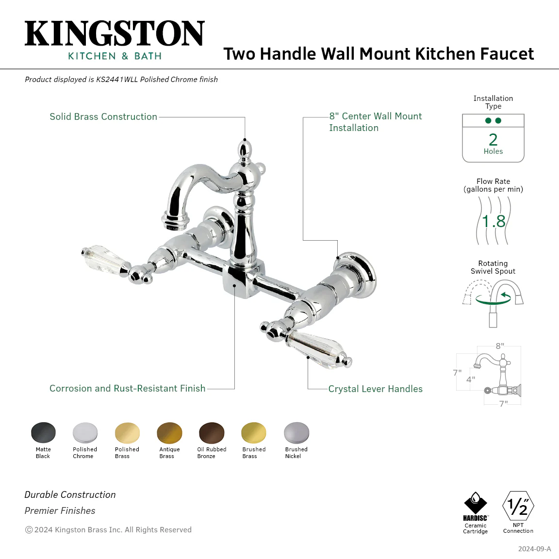 Kingston Heirloom KS2440WLL - Willshire Two-Handle Wall Mount Bridge Kitchen Faucet, Matte Black - Image 2