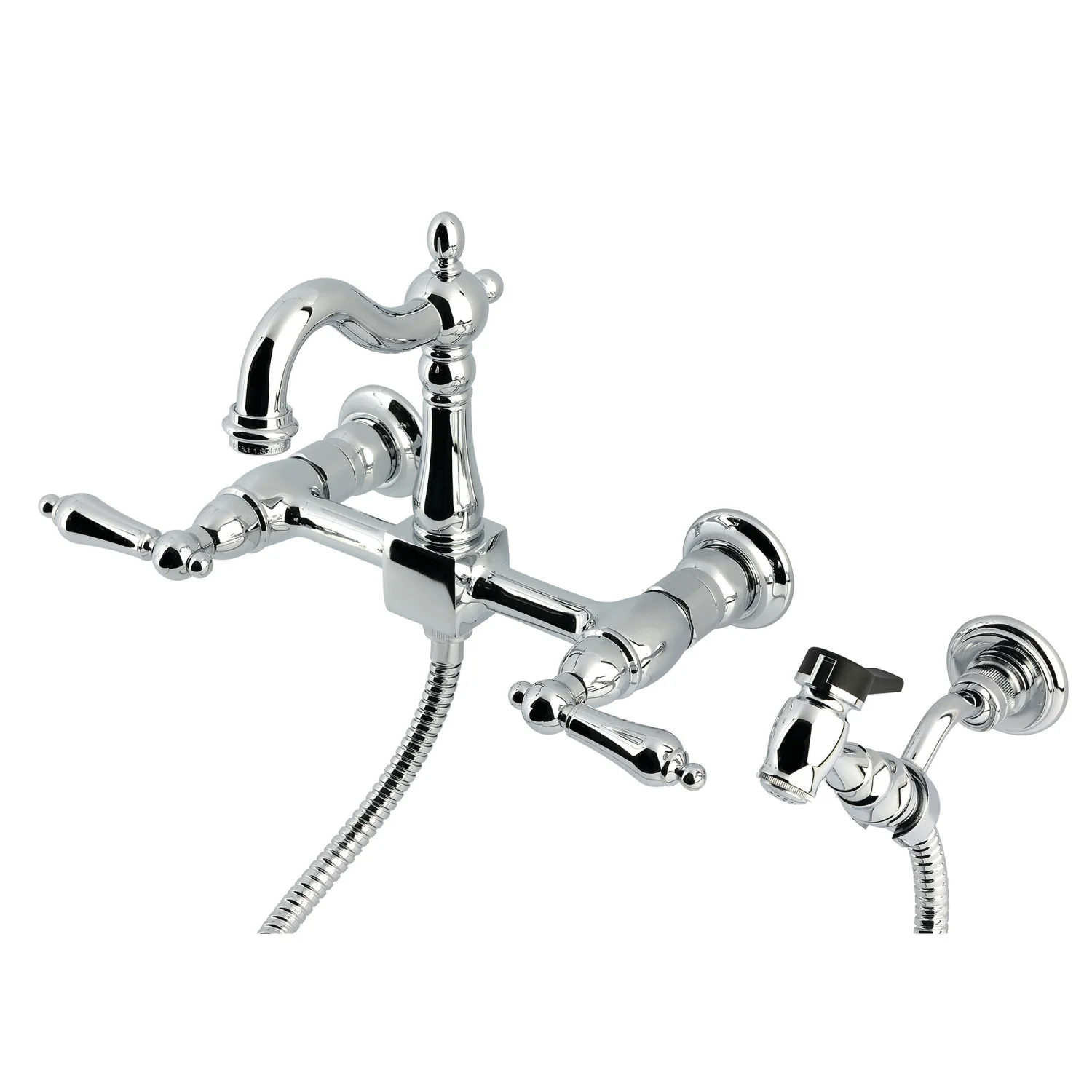 Kingston Heirloom KS2441ALBS - Heritage Two-Handle 3-Hole Wall Mount Bridge Kitchen Faucet with Brass Sprayer, Polished Chrome