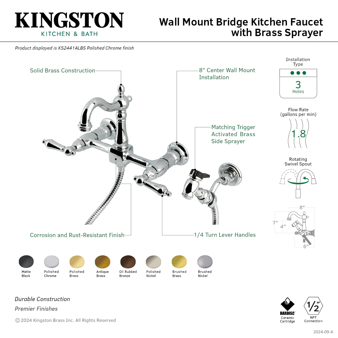 Kingston Heirloom KS2442ALBS - Heritage Two-Handle 3-Hole Wall Mount Bridge Kitchen Faucet with Brass Sprayer, Polished Brass - Image 2