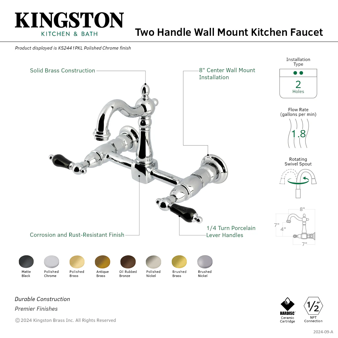 Kingston Heirloom KS2442PKL - Duchess Two-Handle 2-Hole Wall Mount Bridge Kitchen Faucet, Polished Brass - Image 2