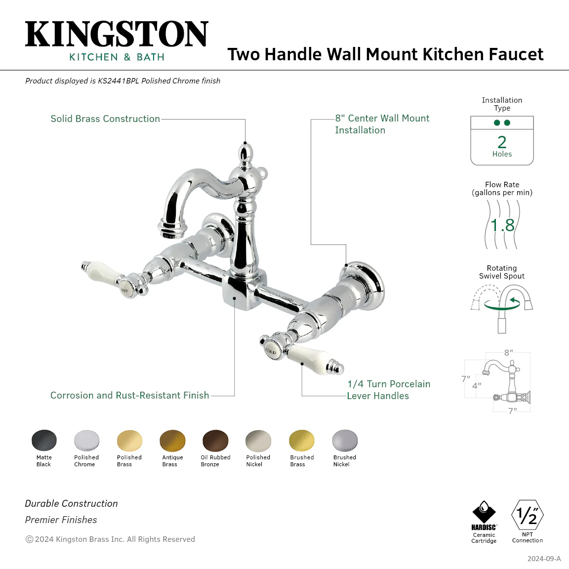 Kingston Heirloom KS2443BPL - Bel-Air Two-Handle 2-Hole Wall Mount Bridge Kitchen Faucet, Antique Brass - Image 2