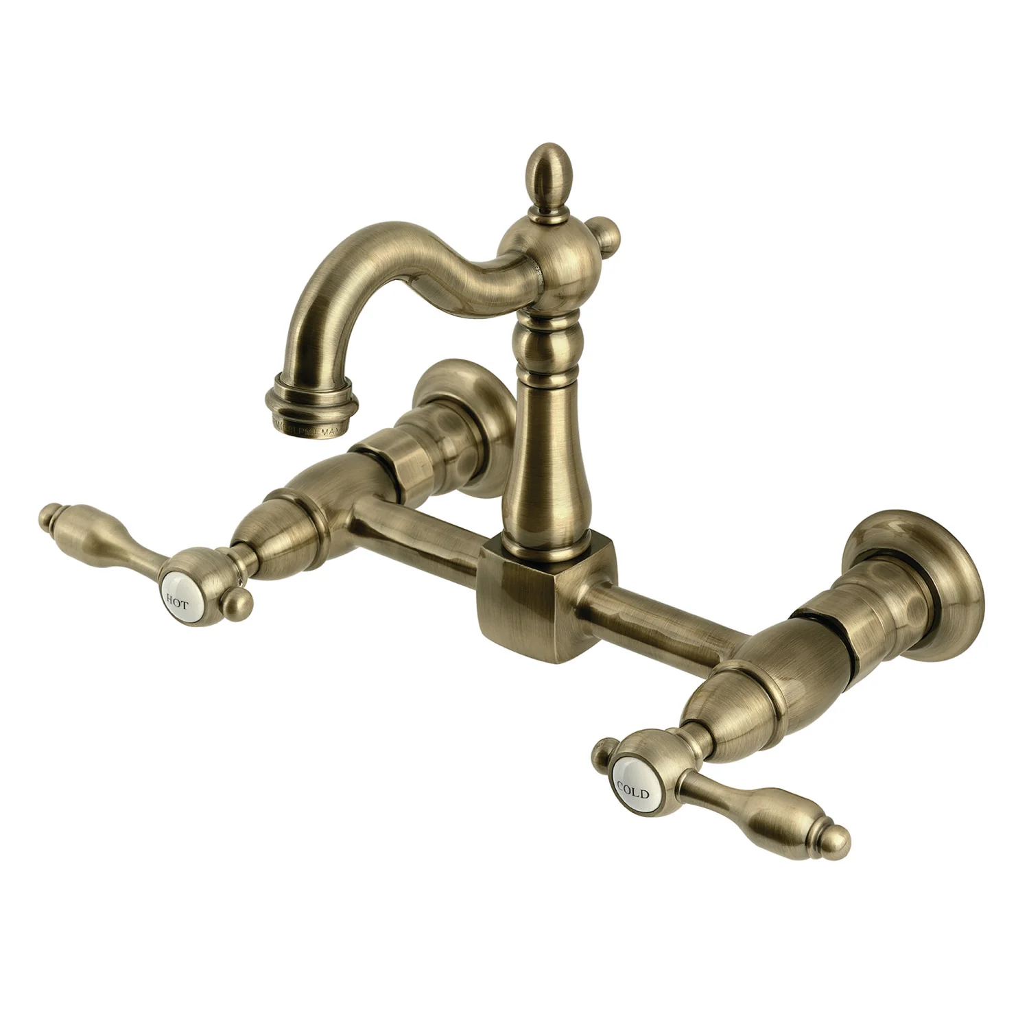 Kingston Heirloom KS2443TAL - Tudor Two-Handle 2-Hole Wall Mount Bridge Kitchen Faucet, Antique Brass