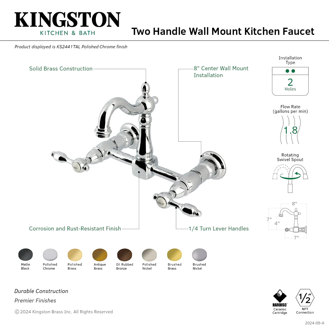 Kingston Heirloom KS2443TAL - Tudor Two-Handle 2-Hole Wall Mount Bridge Kitchen Faucet, Antique Brass - Image 2
