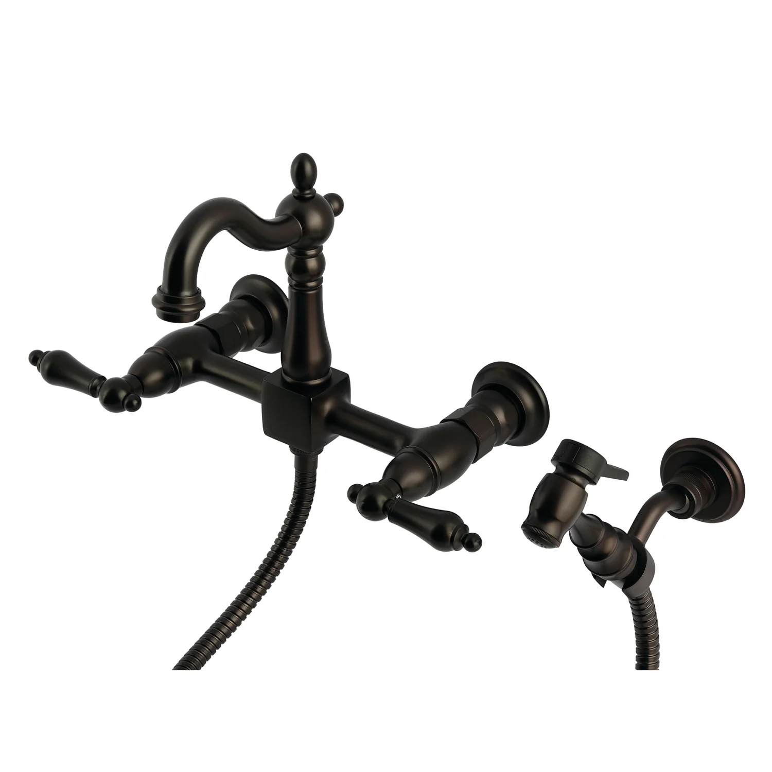 Kingston Heirloom KS2445ALBS - Heritage Two-Handle 3-Hole Wall Mount Bridge Kitchen Faucet with Brass Sprayer, Oil Rubbed Bronze