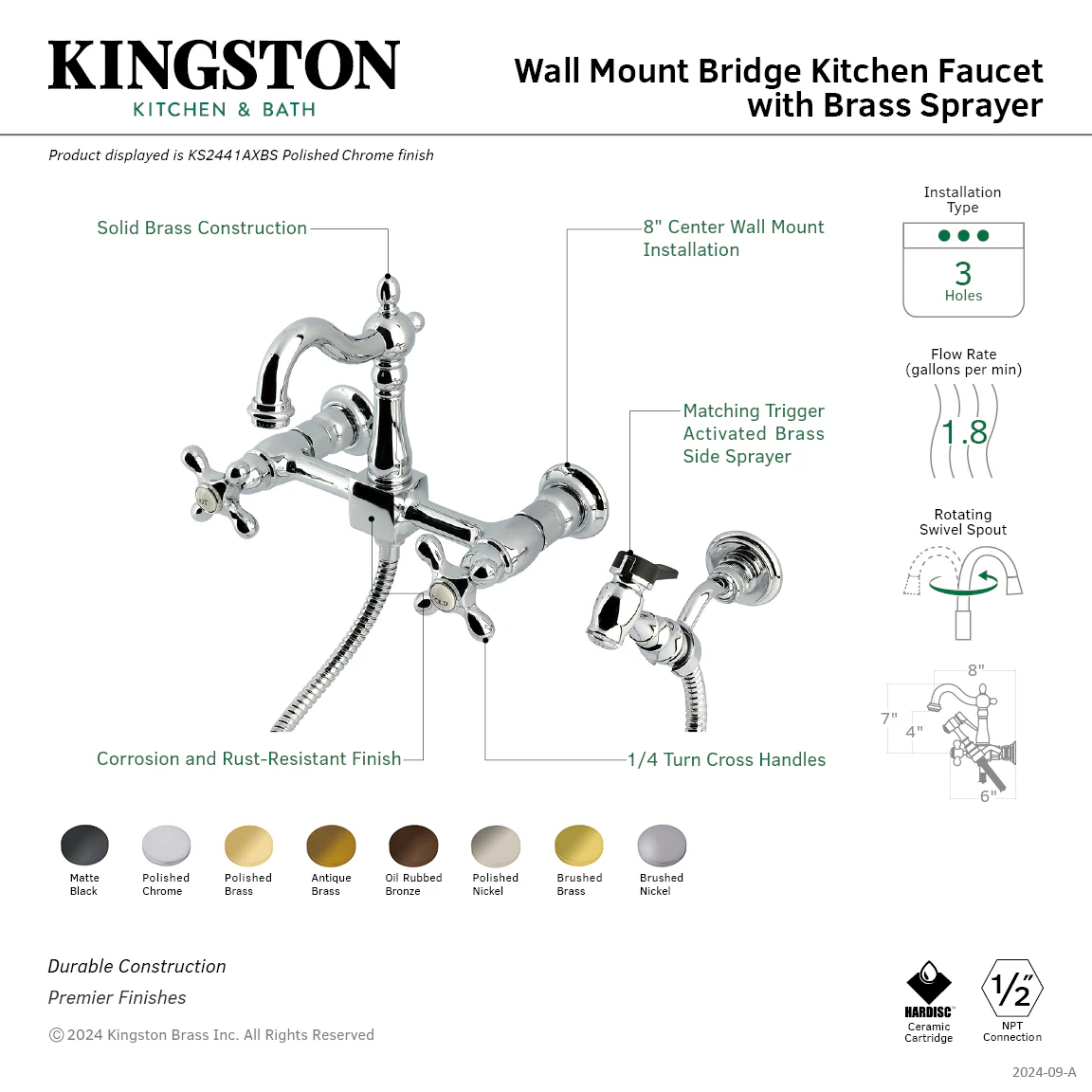 Kingston Heirloom KS2445AXBS - Heritage Two-Handle 3-Hole Wall Mount Bridge Kitchen Faucet with Brass Sprayer, Oil Rubbed Bronze - Image 2
