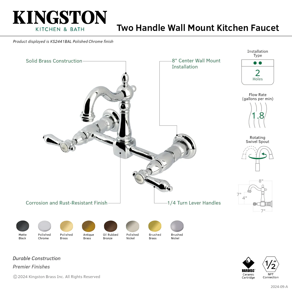 Kingston Heirloom KS2445BAL - Heirloom Two-Handle 2-Hole Wall Mount Bridge Kitchen Faucet, Oil Rubbed Bronze - Image 2