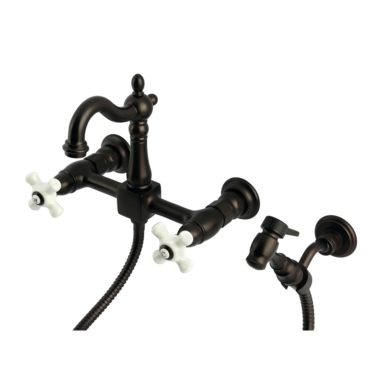 Kingston Heirloom KS2445PXBS - Heritage Two-Handle 3-Hole Wall Mount Bridge Kitchen Faucet with Brass Sprayer, Oil Rubbed Bronze