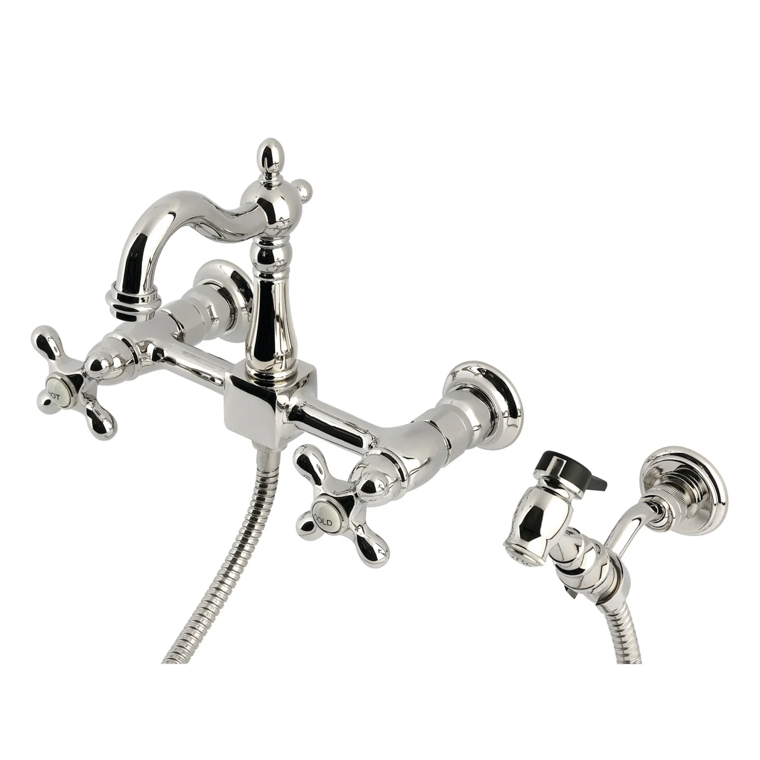 Kingston Heirloom KS2446AXBS - Heritage Two-Handle 3-Hole Wall Mount Bridge Kitchen Faucet with Brass Sprayer, Polished Nickel