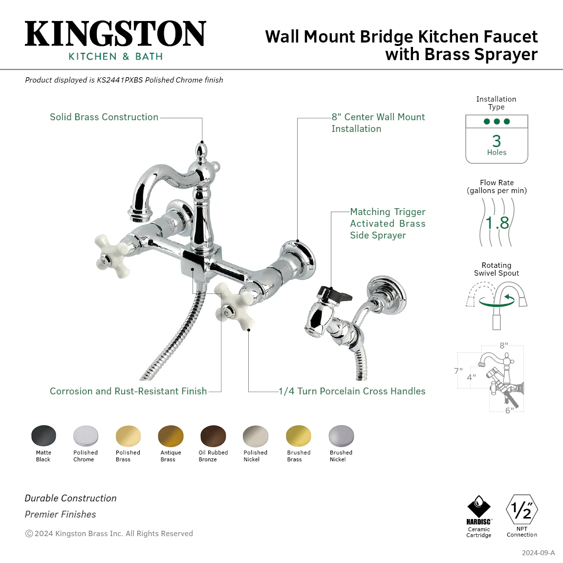 Kingston Heirloom KS2446PXBS - Heritage Two-Handle 3-Hole Wall Mount Bridge Kitchen Faucet with Brass Sprayer, Polished Nickel - Image 2