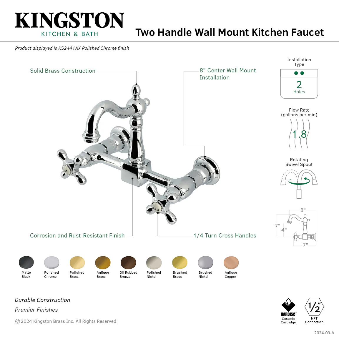 Kingston Heirloom KS2447AX - Heritage Two-Handle 2-Hole Wall Mount Bridge Kitchen Faucet, Brushed Brass - Image 2