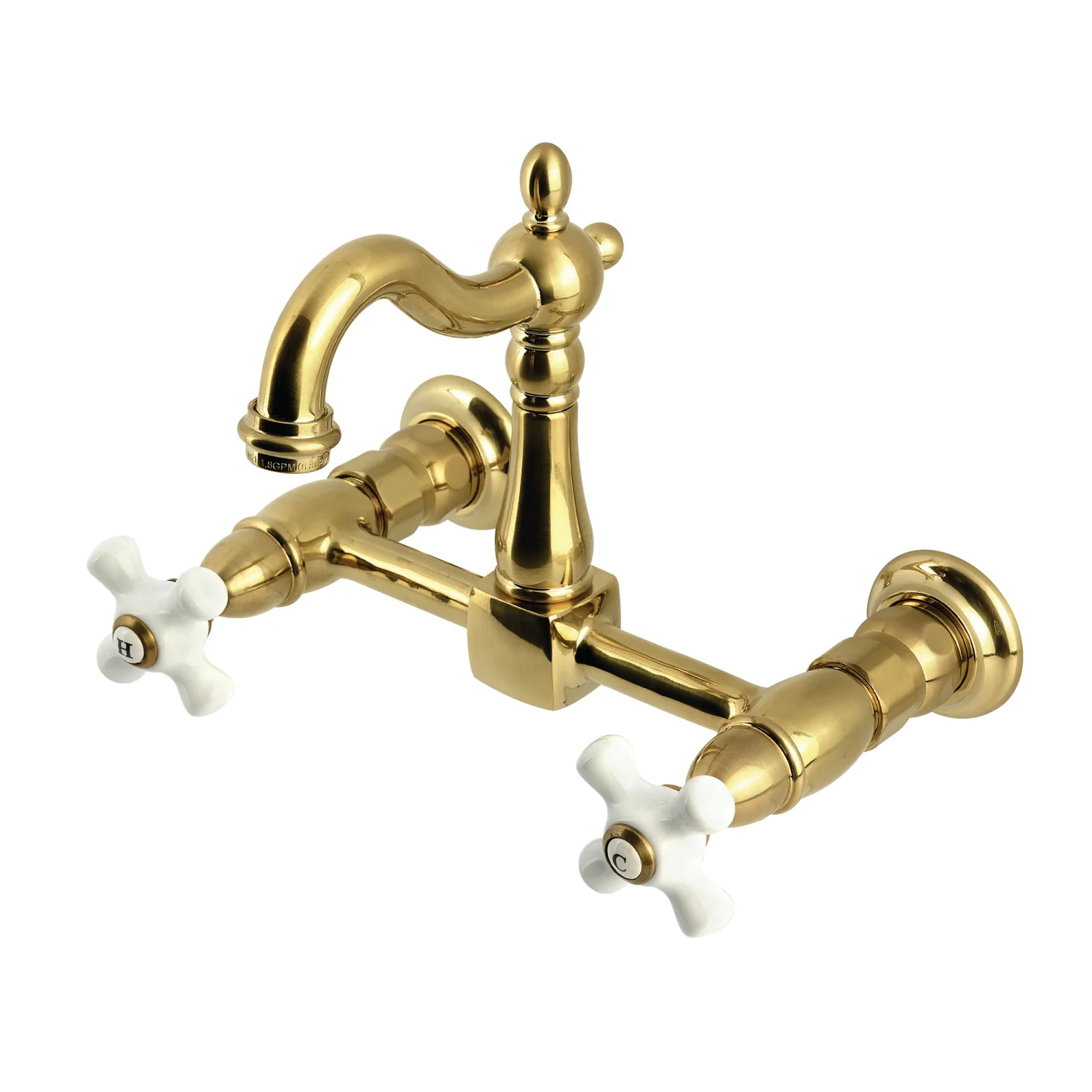 Kingston Heirloom KS2447PX - Heritage Two-Handle 2-Hole Wall Mount Bridge Kitchen Faucet, Brushed Brass