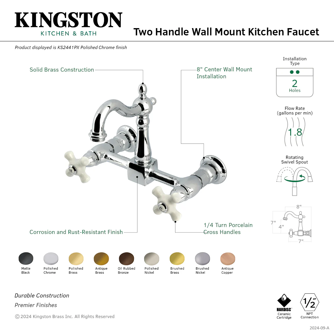 Kingston Heirloom KS2447PX - Heritage Two-Handle 2-Hole Wall Mount Bridge Kitchen Faucet, Brushed Brass - Image 2