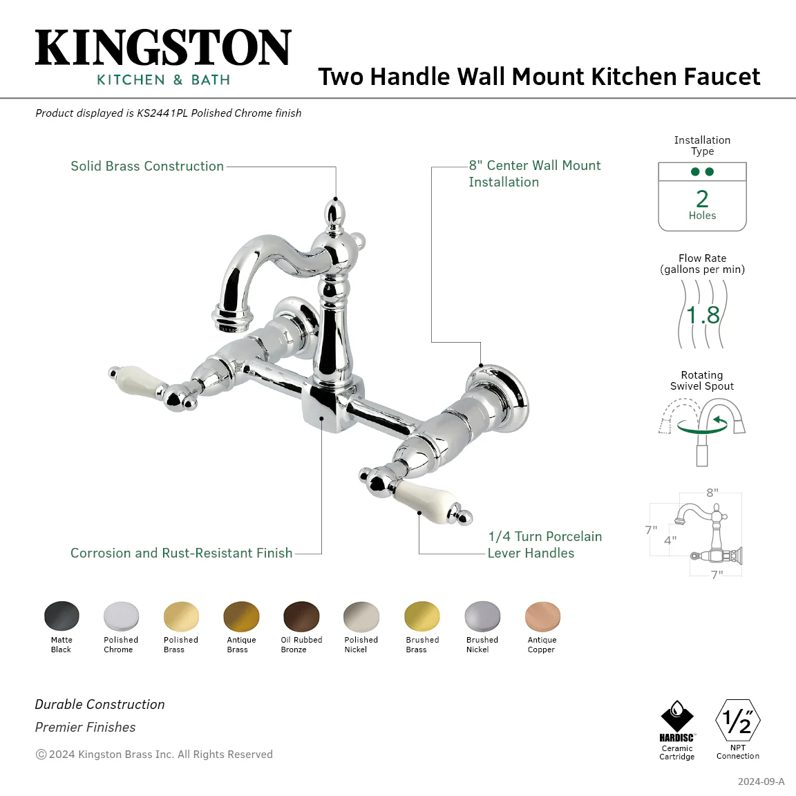 Kingston Heirloom KS2448PL - Heritage Two-Handle 2-Hole Wall Mount Bridge Kitchen Faucet, Brushed Nickel - Image 2