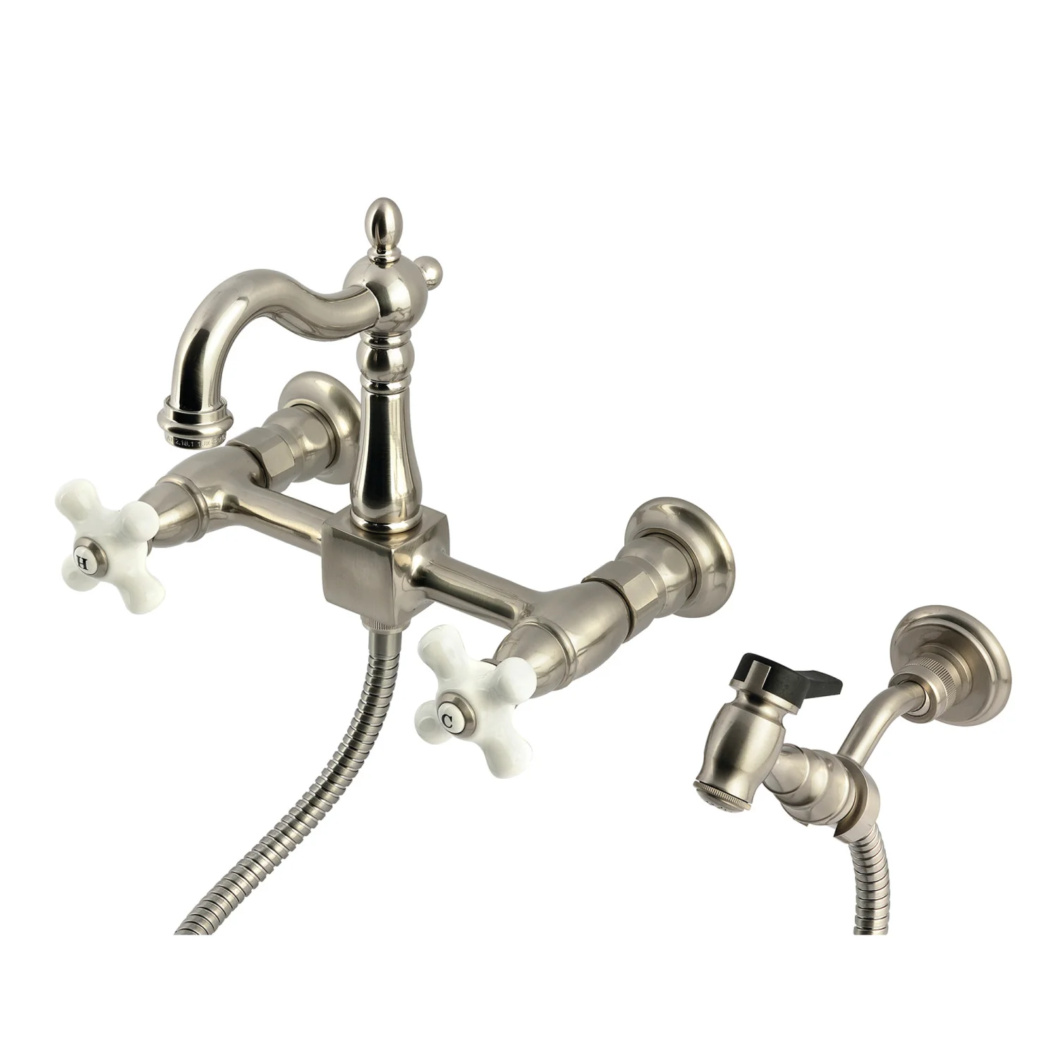 Kingston Heirloom KS2448PXBS - Heritage Two-Handle 3-Hole Wall Mount Bridge Kitchen Faucet with Brass Sprayer, Brushed Nickel