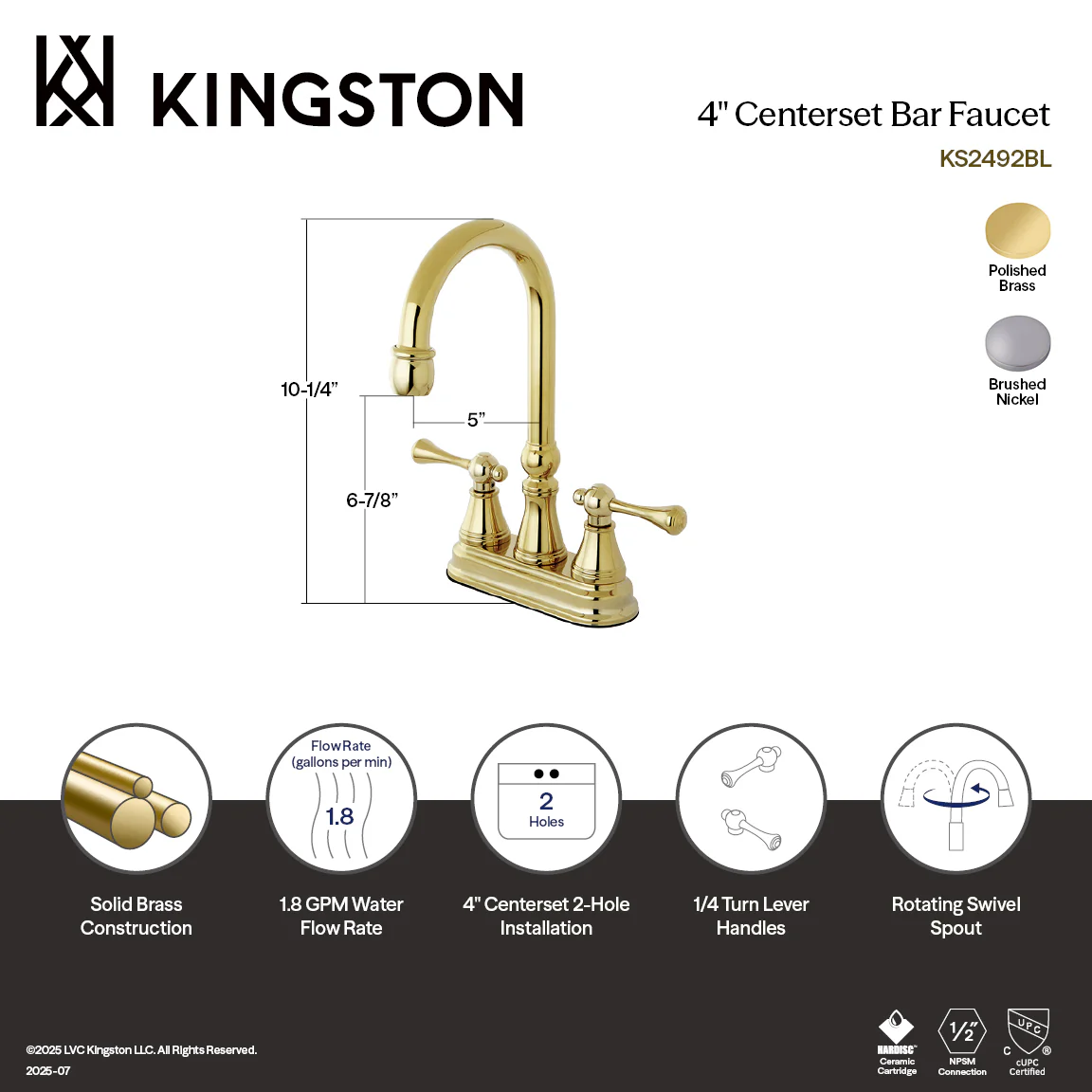 Kingston Tulare KS2492BL - Victorian Two-Handle 2-Hole Deck Mount Bar Faucet, Polished Brass - Image 2