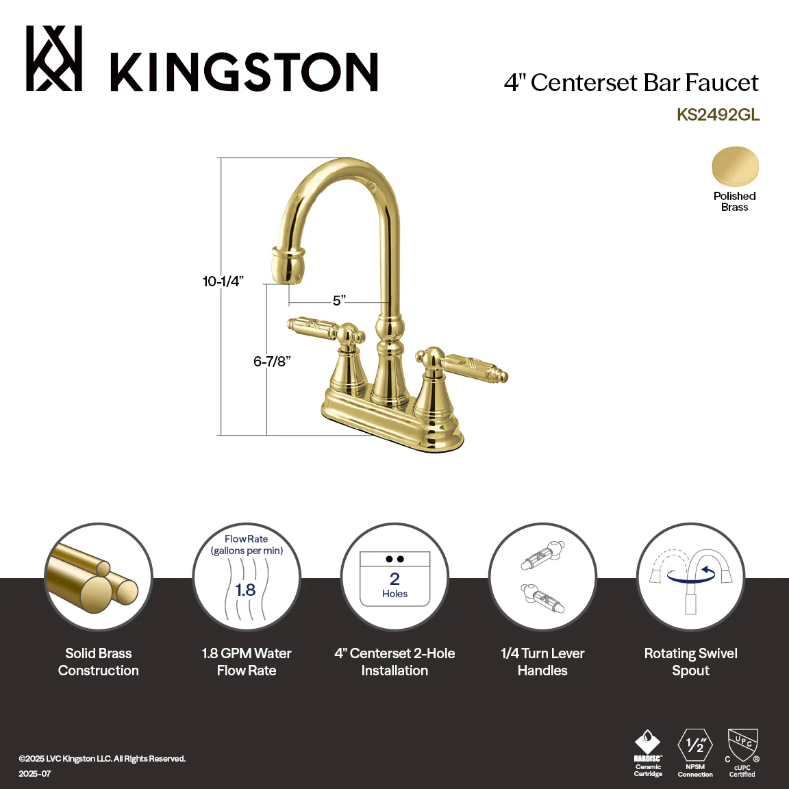 Kingston Tulare KS2492GL - Georgian Two-Handle 2-Hole Deck Mount Bar Faucet, Polished Brass - Image 2