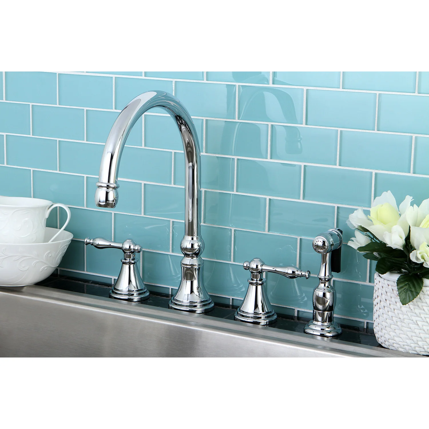 Kingston Tulare KS2791NLBS - Governor Double-Handle 4-Hole Widespread Kitchen Faucet with Brass Sprayer, Polished Chrome - Image 2