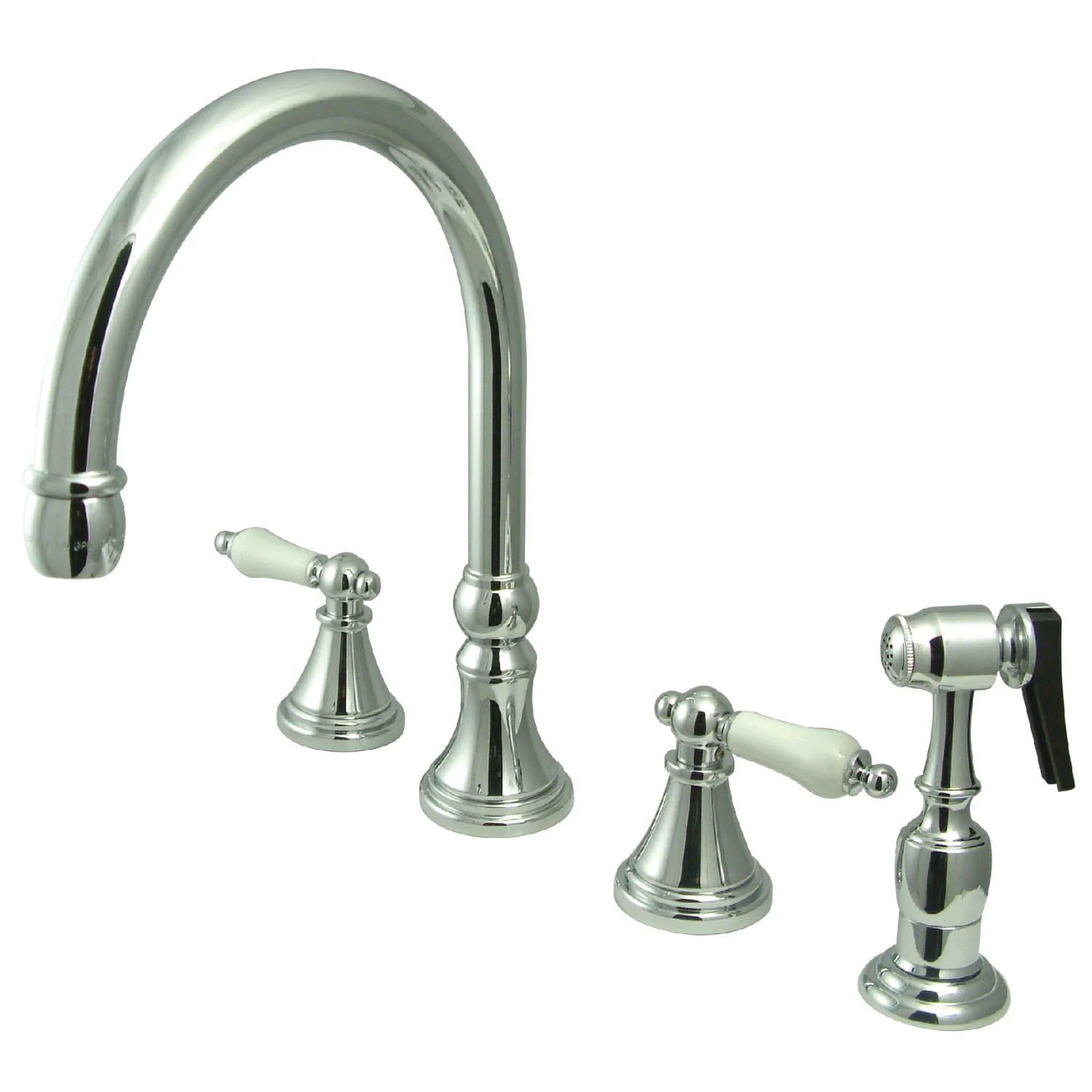 Kingston Tulare KS2791PLBS - Governor Double-Handle 4-Hole Widespread Kitchen Faucet with Brass Sprayer, Polished Chrome