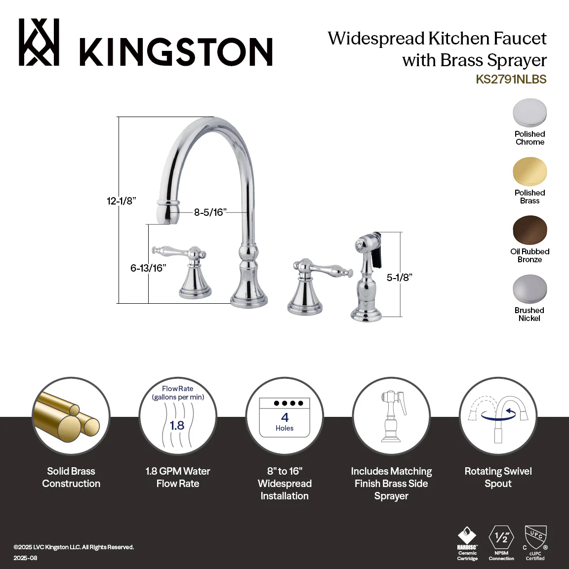 Kingston Tulare KS2792NLBS - Governor Double-Handle 4-Hole Widespread Kitchen Faucet with Brass Sprayer, Polished Brass - Image 3