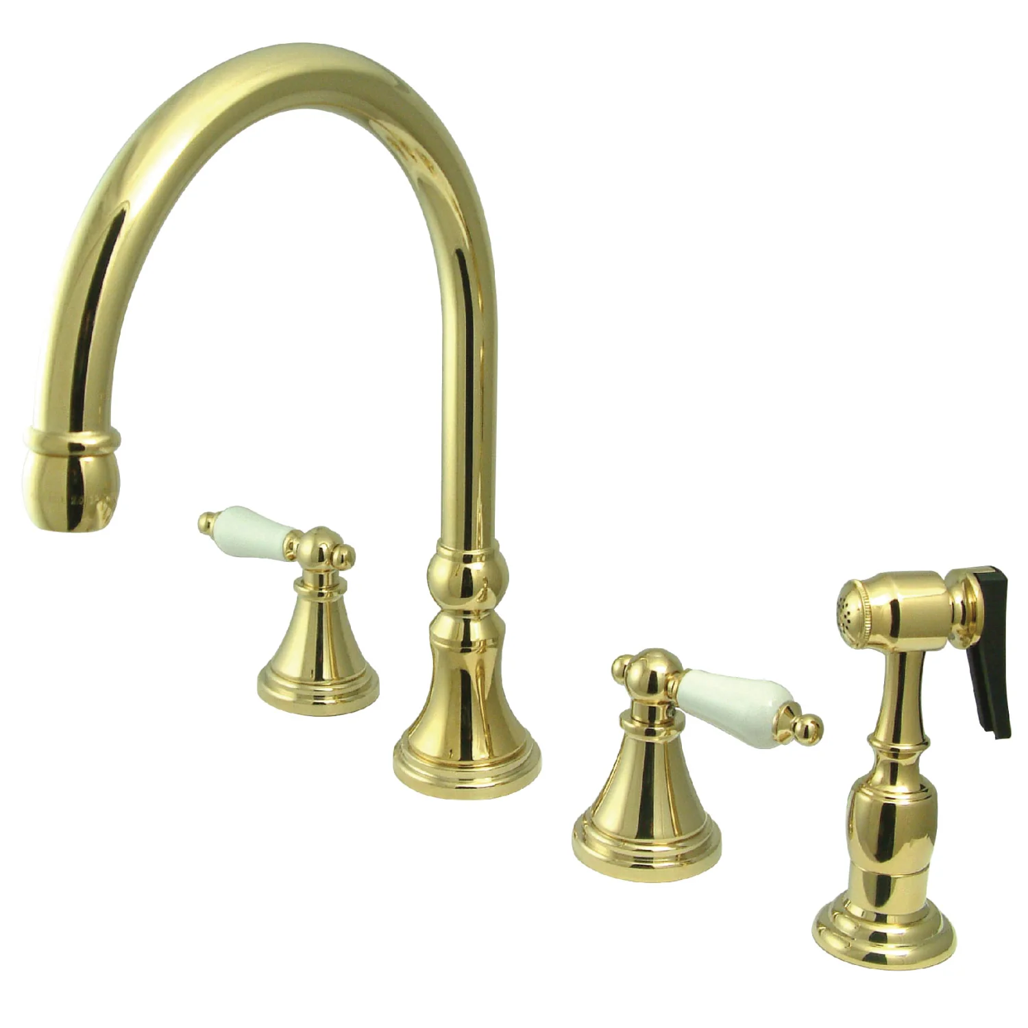 Kingston Tulare KS2792PLBS - Governor Double-Handle 4-Hole Widespread Kitchen Faucet with Brass Sprayer, Polished Brass