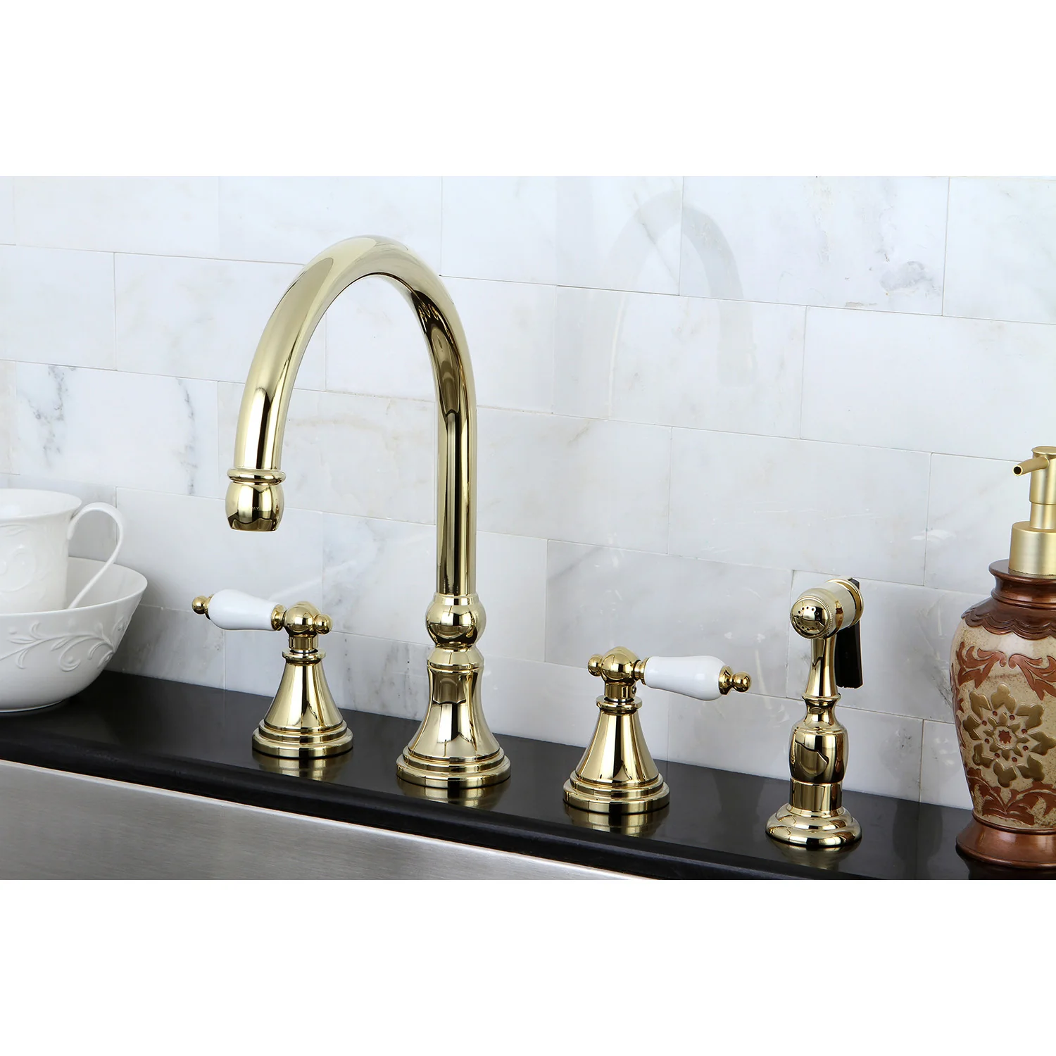 Kingston Tulare KS2792PLBS - Governor Double-Handle 4-Hole Widespread Kitchen Faucet with Brass Sprayer, Polished Brass - Image 2