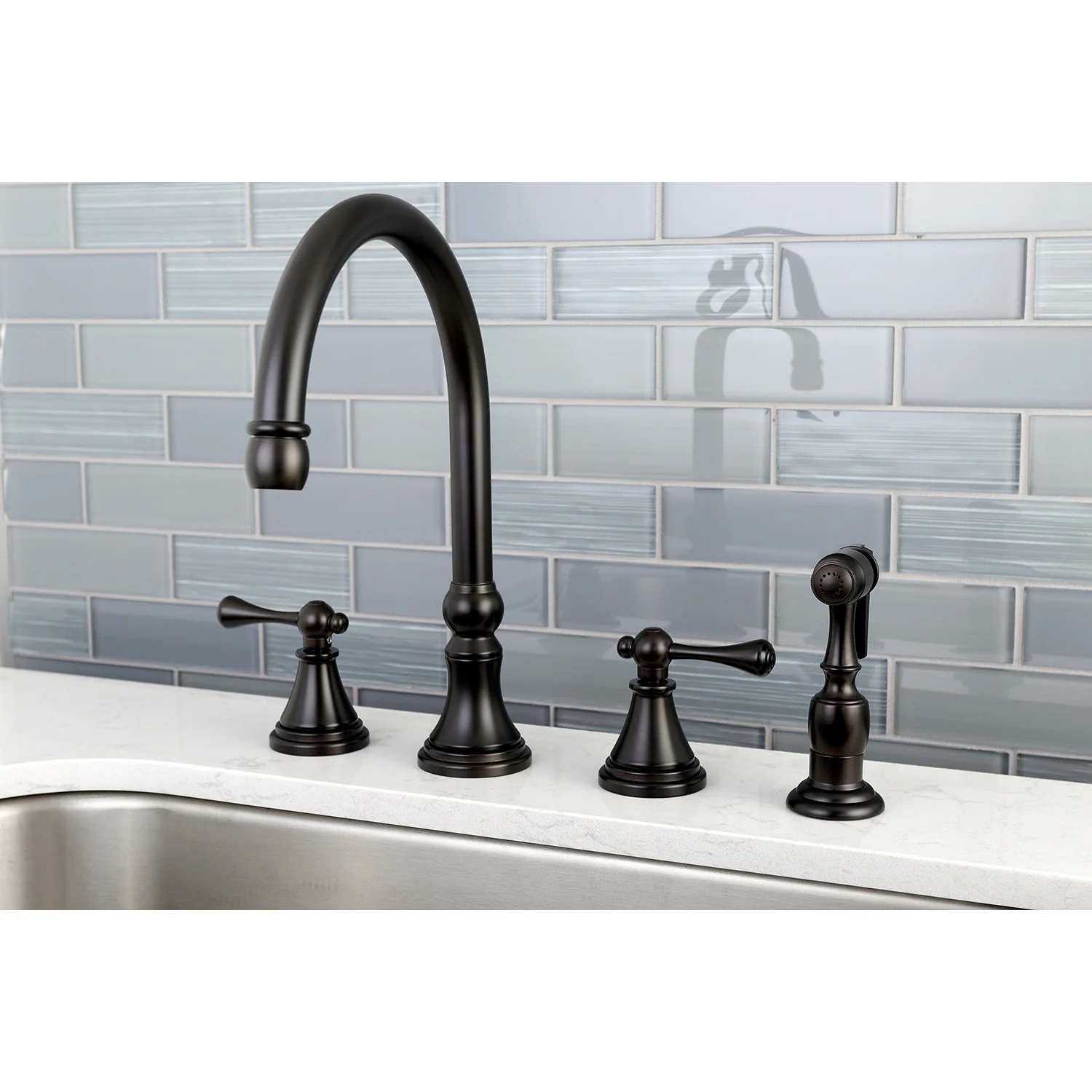 Kingston Tulare KS2795BLBS - Governor Double-Handle 4-Hole Widespread Kitchen Faucet with Brass Sprayer, Oil Rubbed Bronze - Image 2
