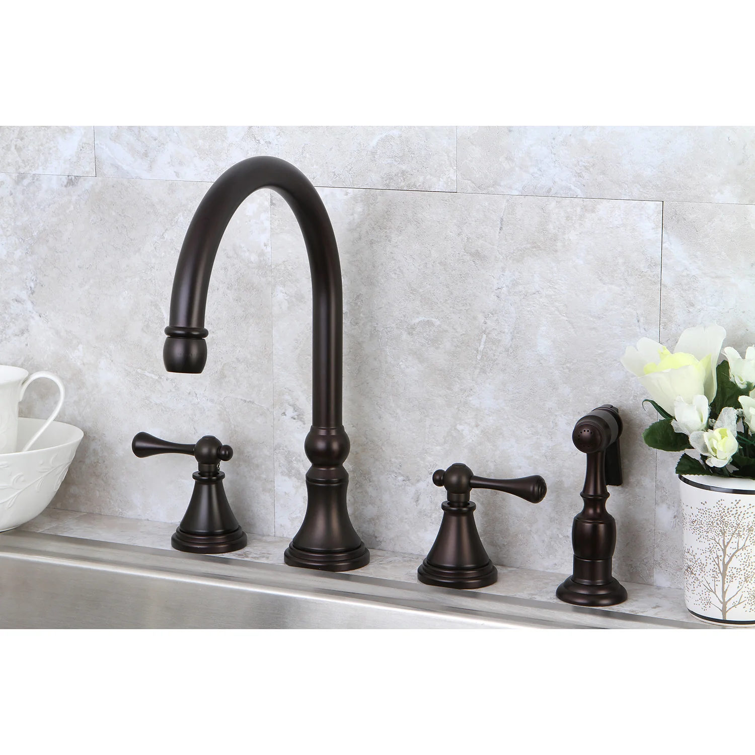 Kingston Tulare KS2795BLBS - Governor Double-Handle 4-Hole Widespread Kitchen Faucet with Brass Sprayer, Oil Rubbed Bronze - Image 3