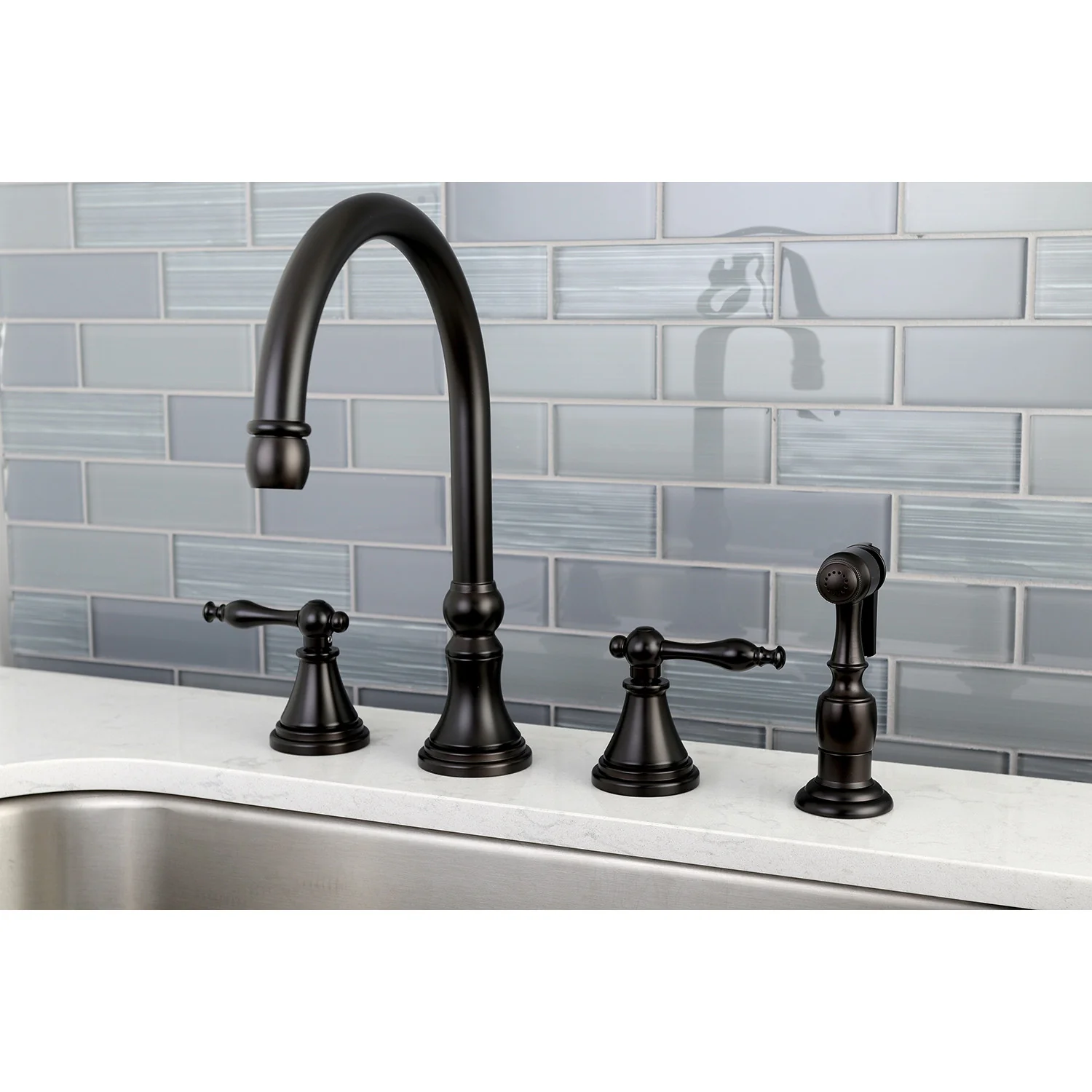 Kingston Tulare KS2795NLBS - Governor Double-Handle 4-Hole Widespread Kitchen Faucet with Brass Sprayer, Oil Rubbed Bronze - Image 2