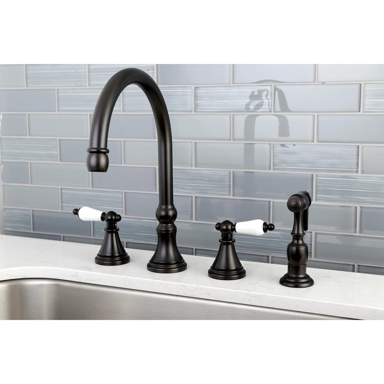 Kingston Tulare KS2795PLBS - Governor Double-Handle 4-Hole Widespread Kitchen Faucet with Brass Sprayer, Oil Rubbed Bronze - Image 2