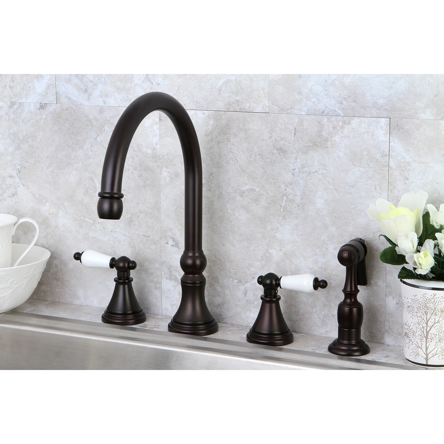 Kingston Tulare KS2795PLBS - Governor Double-Handle 4-Hole Widespread Kitchen Faucet with Brass Sprayer, Oil Rubbed Bronze - Image 3