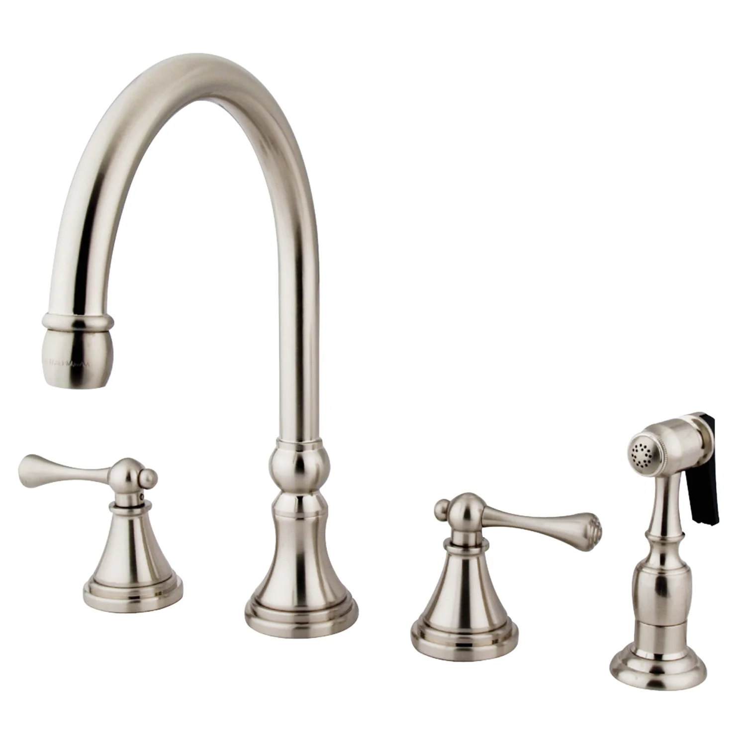 Kingston Tulare KS2798BLBS - Governor Double-Handle 4-Hole Widespread Kitchen Faucet with Brass Sprayer, Brushed Nickel