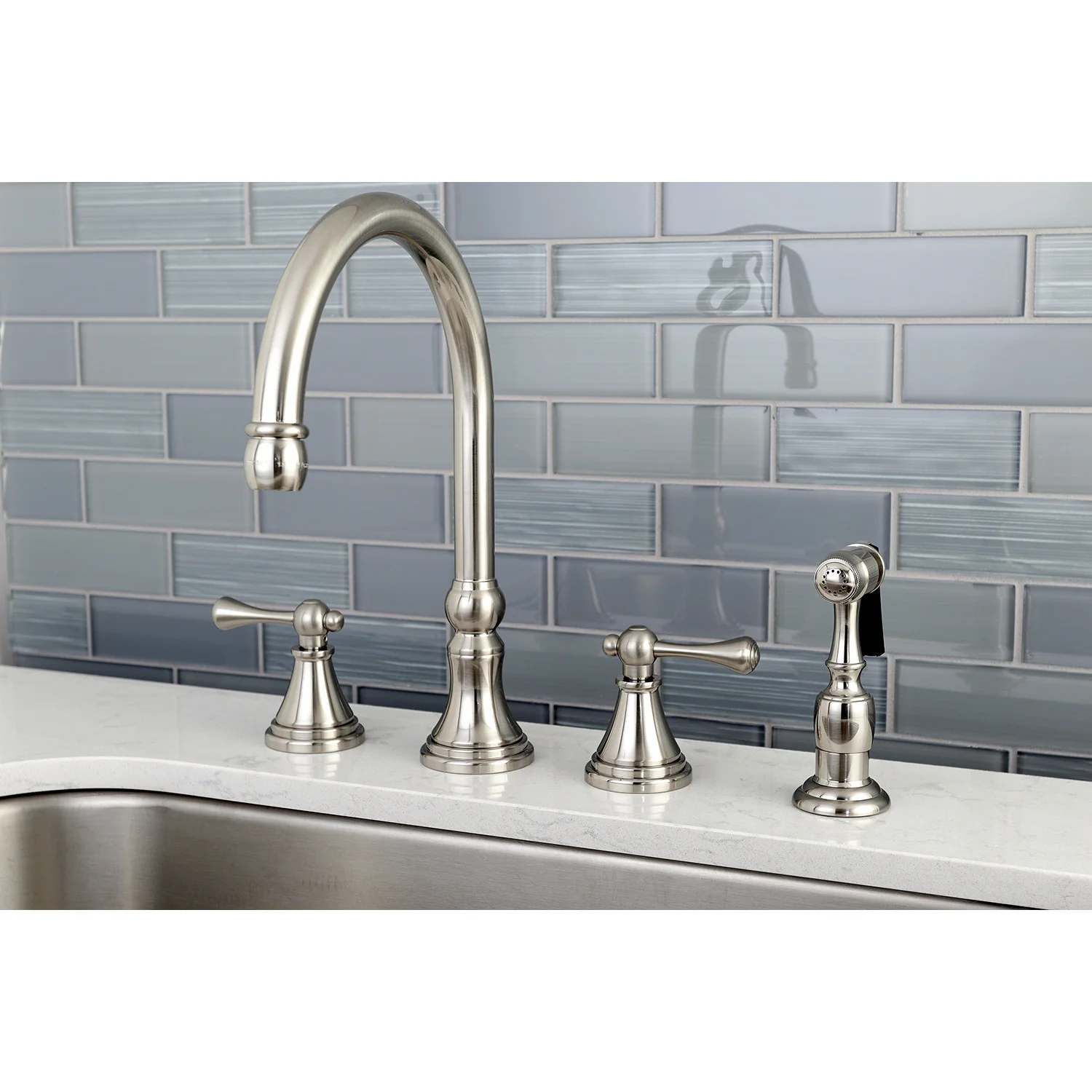 Kingston Tulare KS2798BLBS - Governor Double-Handle 4-Hole Widespread Kitchen Faucet with Brass Sprayer, Brushed Nickel - Image 2