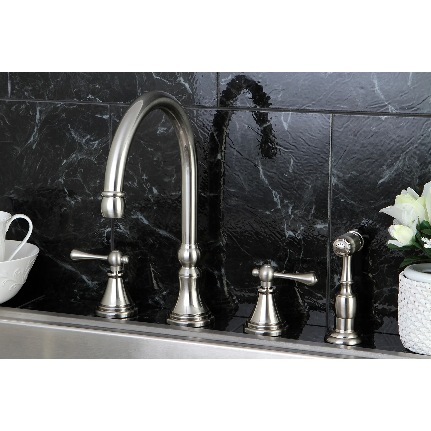 Kingston Tulare KS2798BLBS - Governor Double-Handle 4-Hole Widespread Kitchen Faucet with Brass Sprayer, Brushed Nickel - Image 3